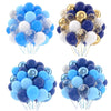 A set of metallic pearl and blue balloons with confetti accents for party decor.