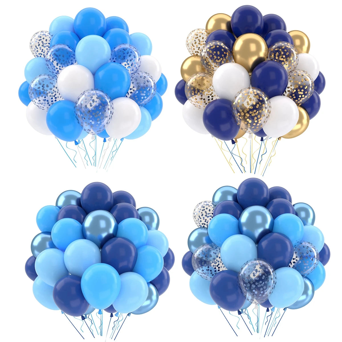 A set of metallic pearl and blue balloons with confetti accents for party decor.