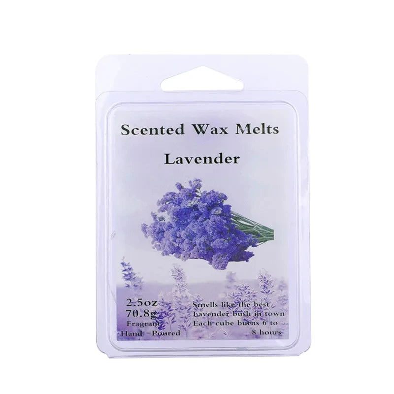 Lavender scented wax melts in a clear plastic pouch for DIY candle making