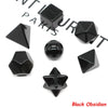 A set of black obsidian geometric crystals including cubes, pyramids, and spheres for meditation.