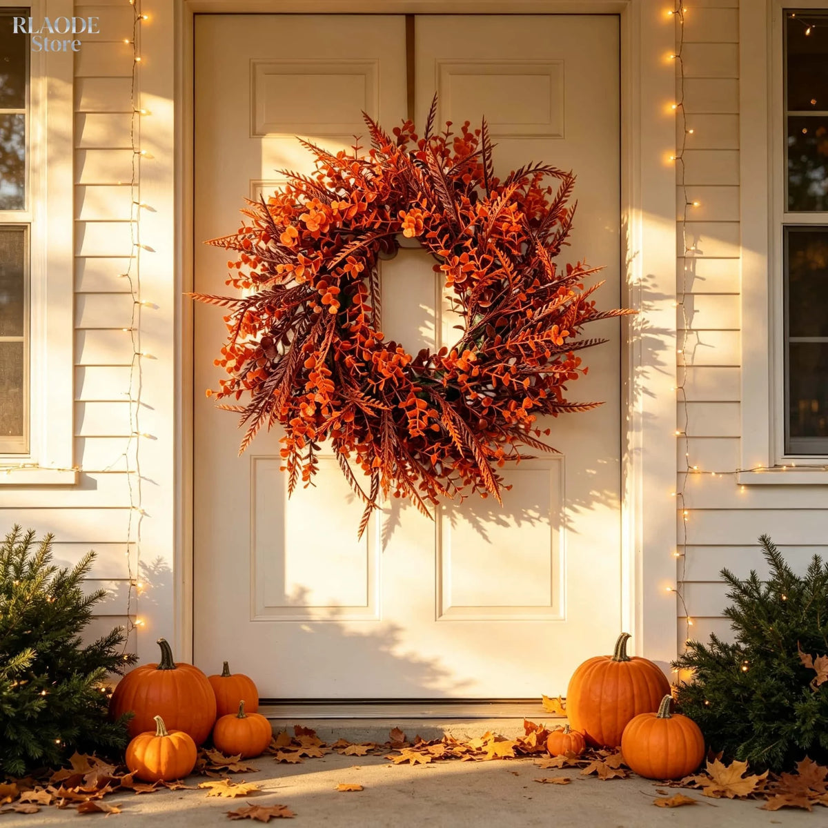 An artificial eucalyptus wreath in autumnal orange and brown tones hangs on a light-colored door surrounded by fall foliage.