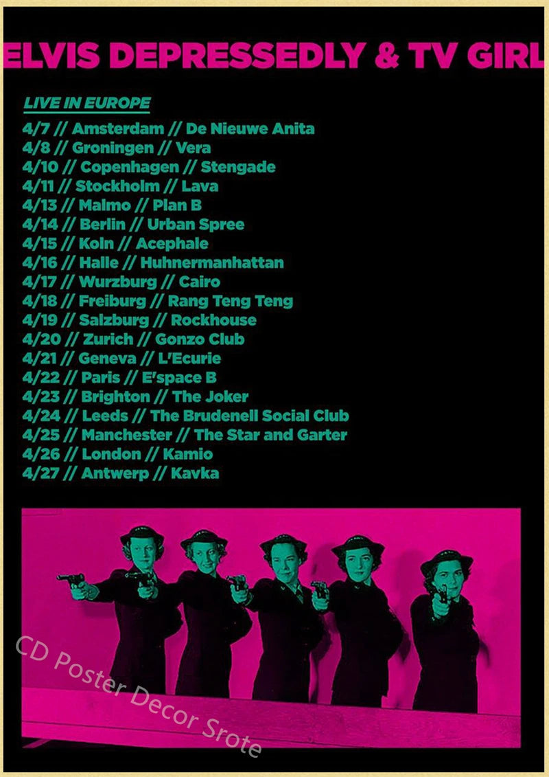 A poster featuring Elvis depressedly and a TV girl with various European cities listed.