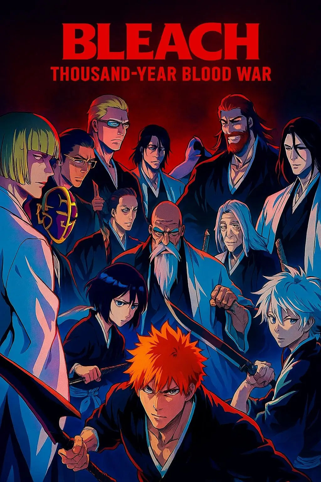 Anime Bleach Thousand-Year Blood War Charakterkunst mit mehreren Figuren in dunkler und heller Kleidung.