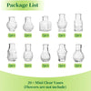 A package list showing various clear glass bud vases for home decor, including multiple sizes and quantities.