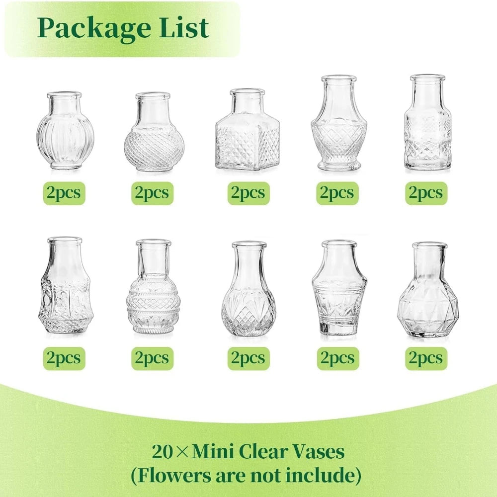 A package list showing various clear glass bud vases for home decor, including multiple sizes and quantities.