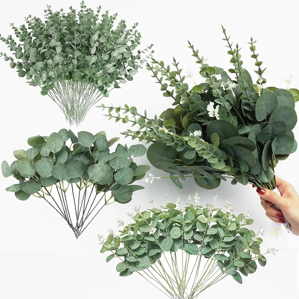 A collection of fresh green eucalyptus leaf stems used for vase decor and wedding arrangements.