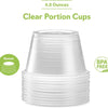 A stack of clear disposable plastic portion cups with lids, labeled as 4.0 ounces.