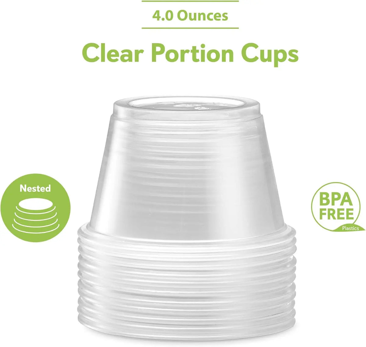 A stack of clear disposable plastic portion cups with lids, labeled as 4.0 ounces.