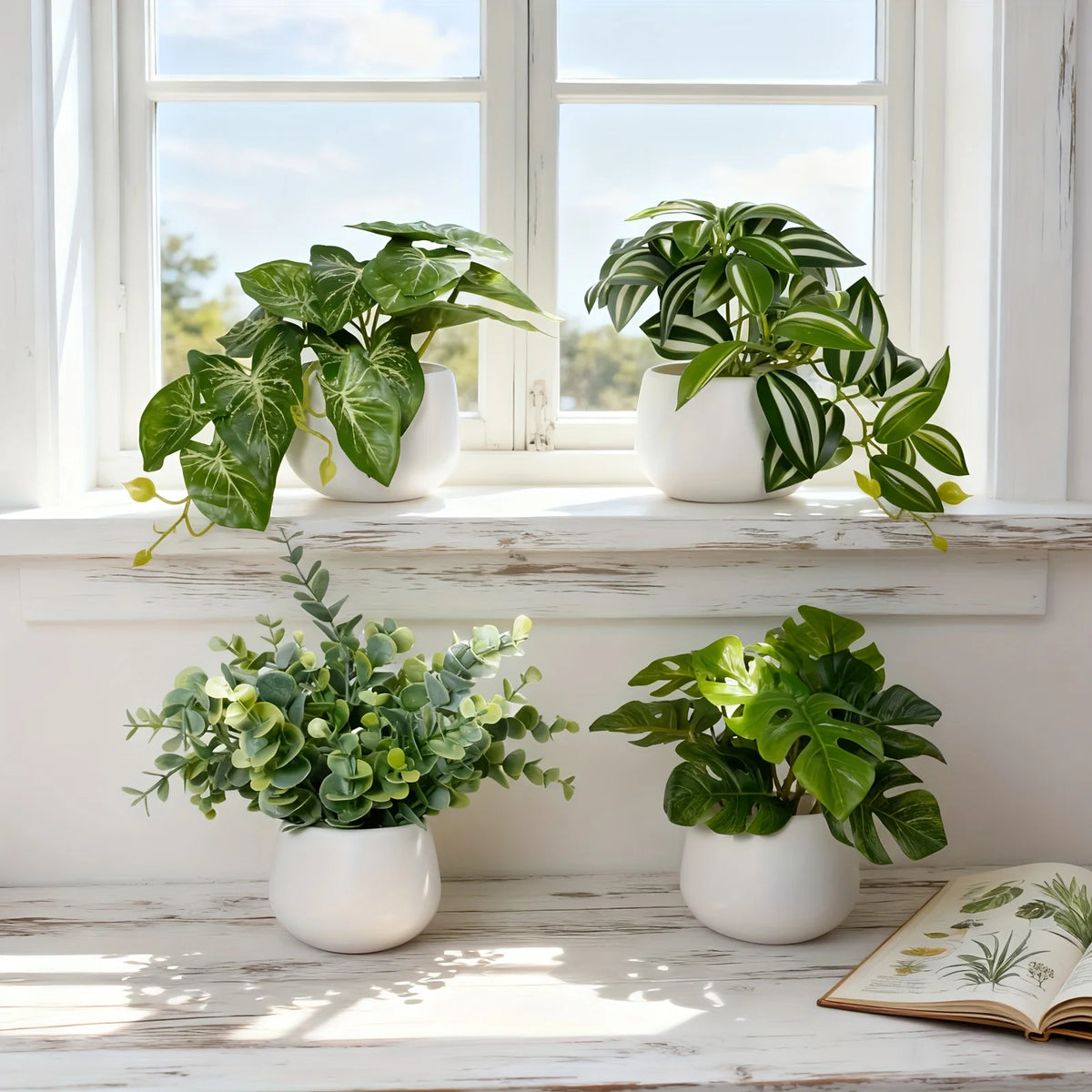 A collection of artificial bonsai succulent plants in white pots displayed on a windowsill.