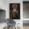 A dark canvas painting depicting a lion's head with fiery features and a warrior figure.
