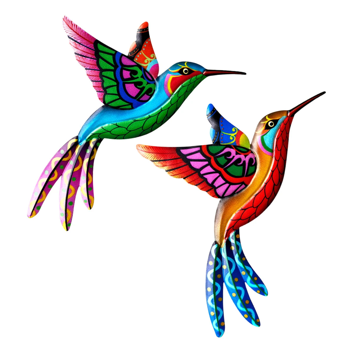 Vibrant metal hummingbird wall art featuring iridescent blue, green, and red feathers.