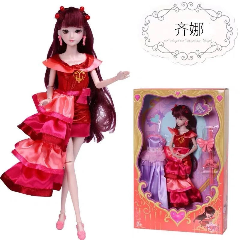 A detailed ball-jointed doll with long dark hair and a red and pink outfit displayed next to its packaging.