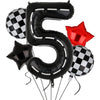 Black foil balloons shaped like the number 5 and a star, with some black and white checkered accents.