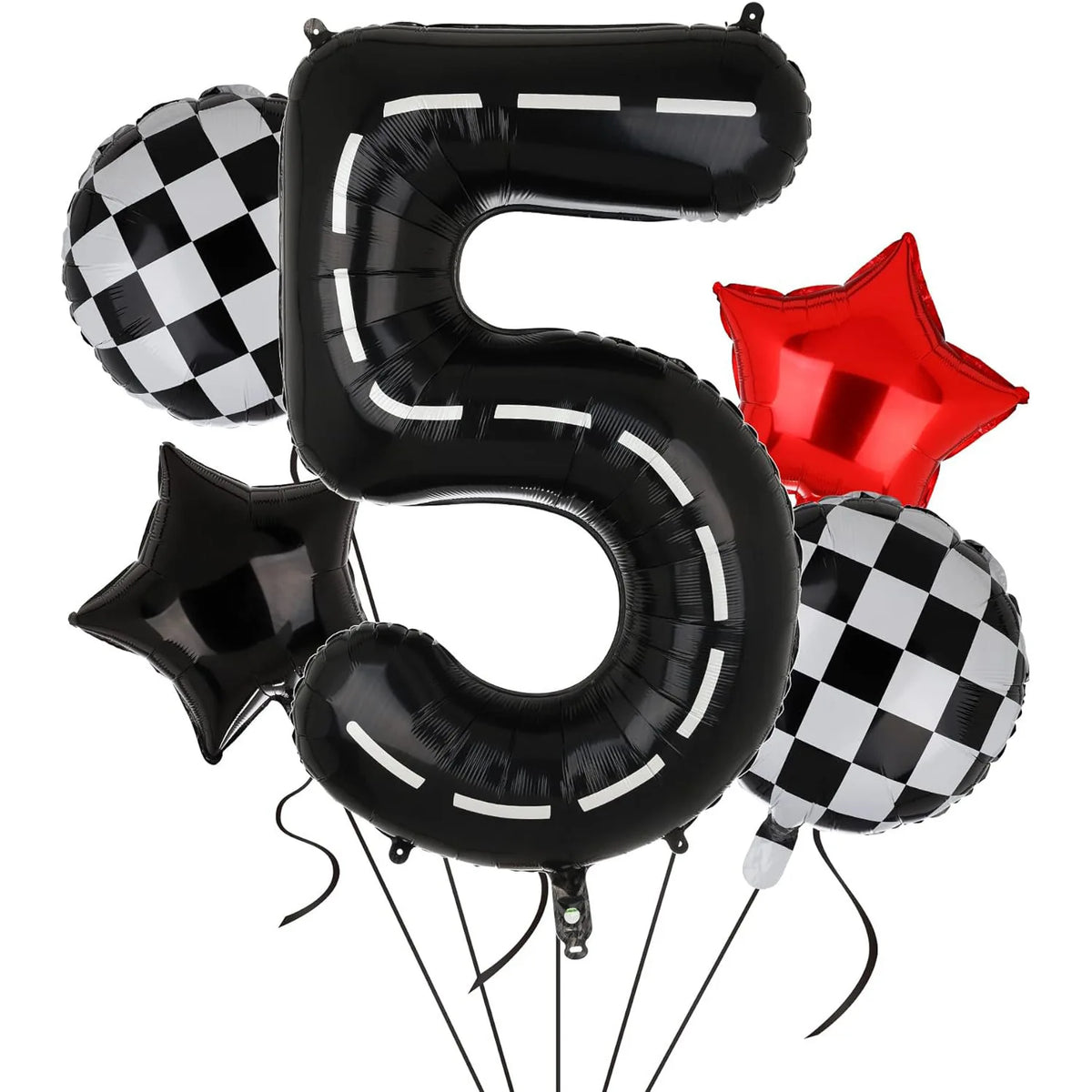 Black foil balloons shaped like the number 5 and a star, with some black and white checkered accents.