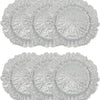 A set of elegant gold charger plates with textured rims and decorative patterns.