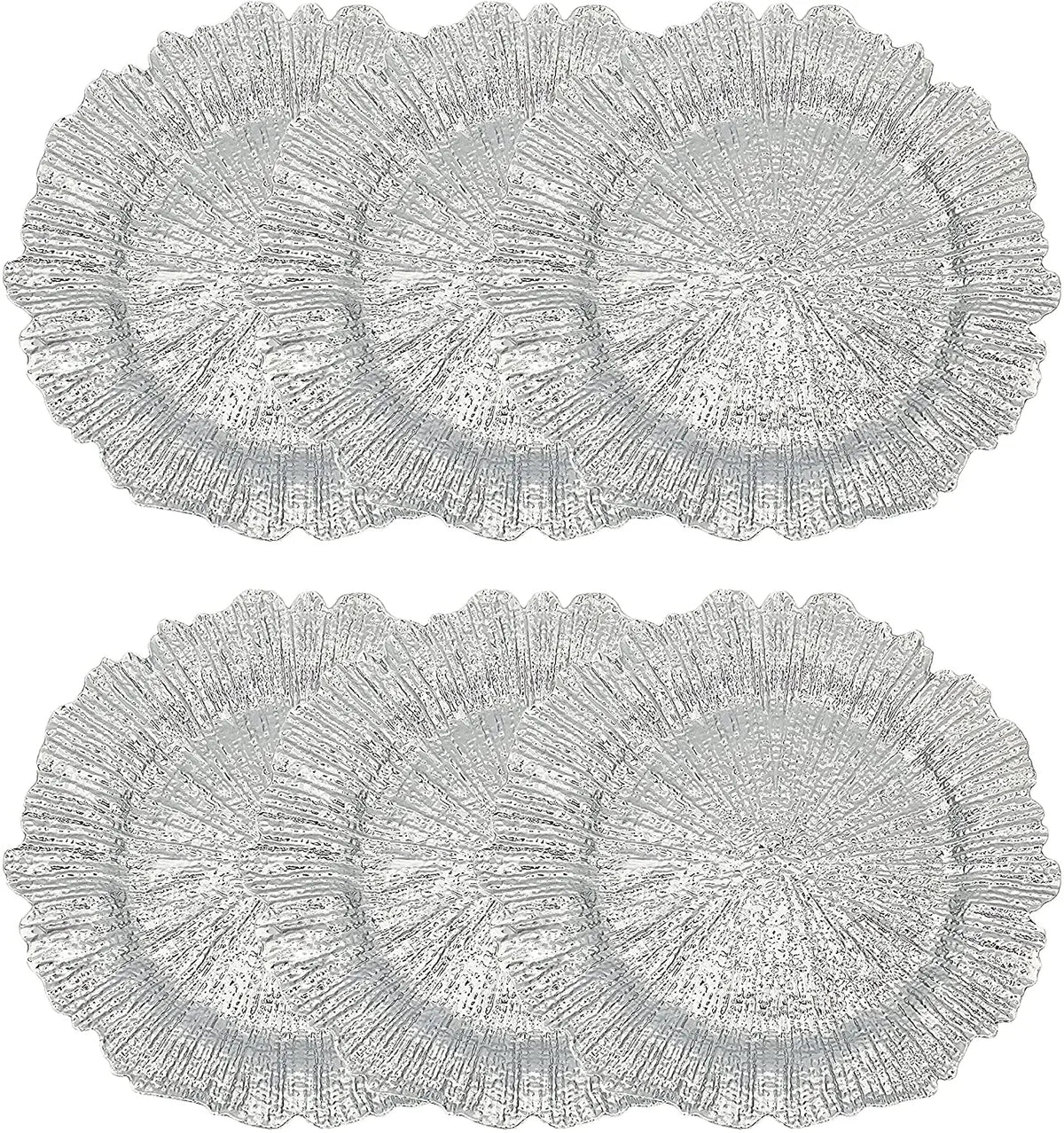 A set of elegant gold charger plates with textured rims and decorative patterns.