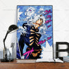 Anime poster featuring a character in a dark outfit with white clouds and pink accents against a blue background
