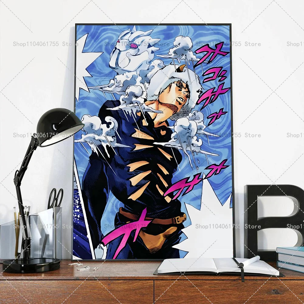Anime poster featuring a character in a dark outfit with white clouds and pink accents against a blue background