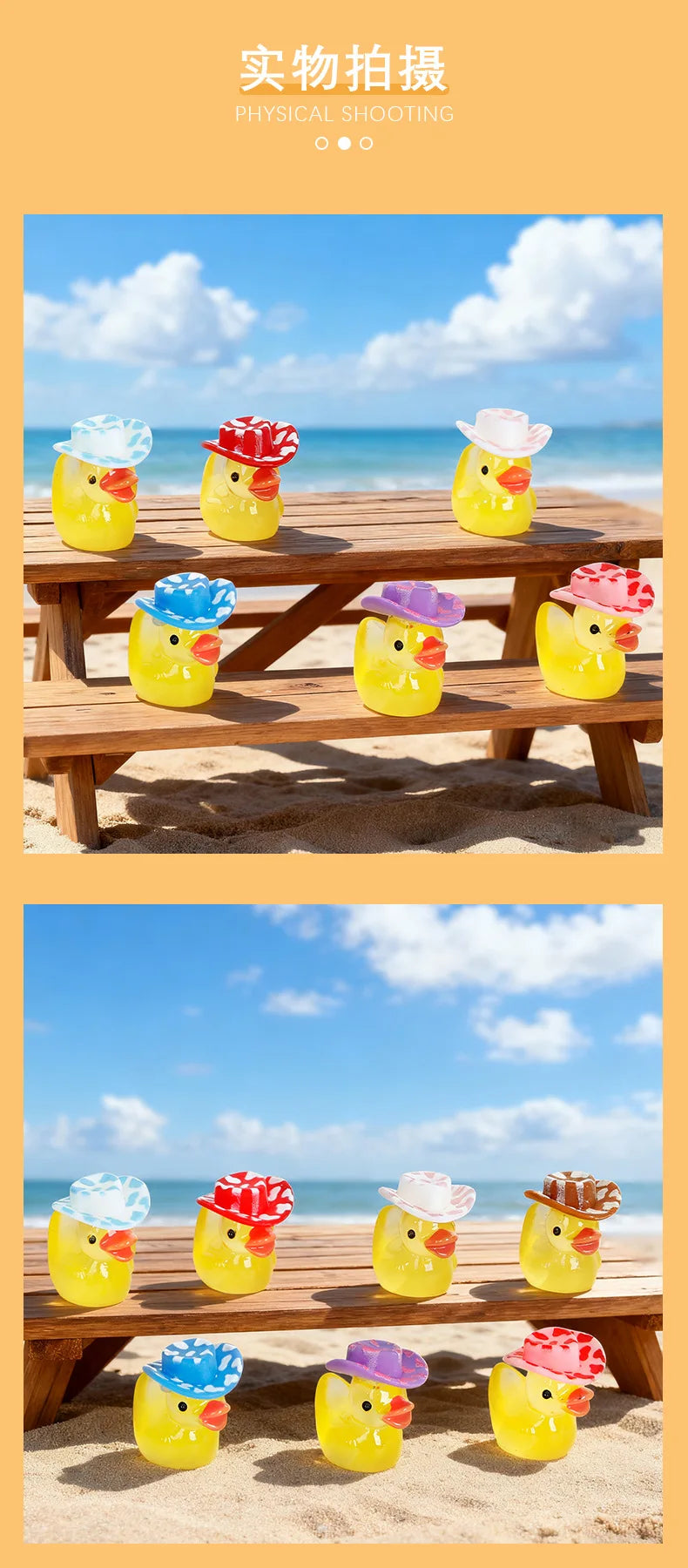 A collection of glow-in-the-dark resin duck figurines with colorful hats placed on a wooden deck near the ocean.