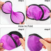 Step-by-step instructions showing how to fold a purple fabric item into a compact shape.