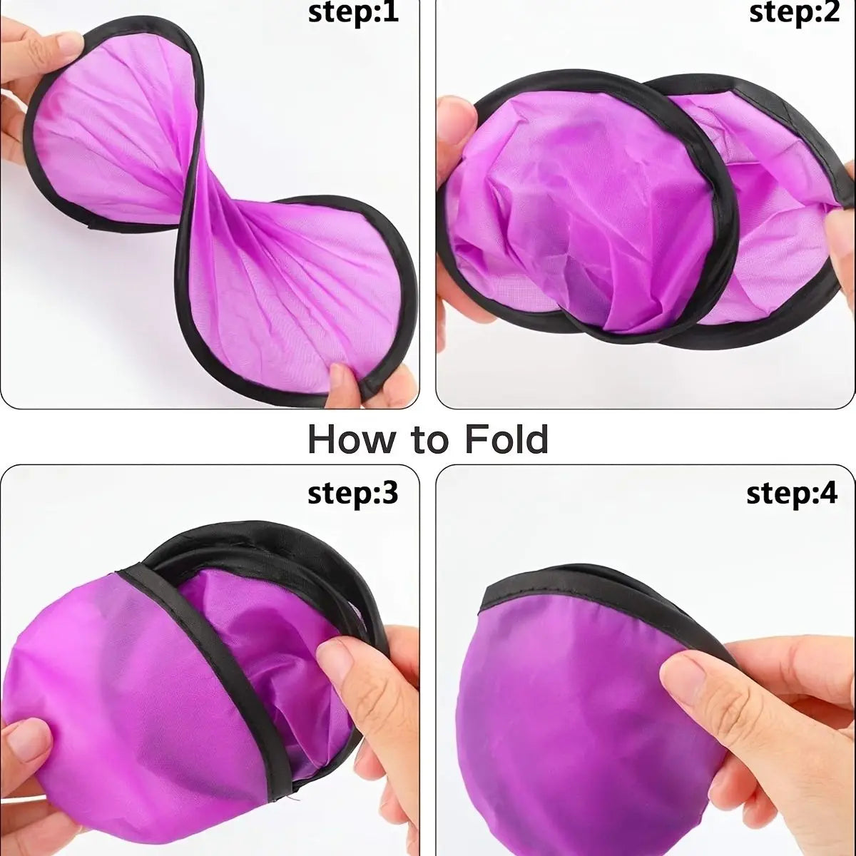 Step-by-step instructions showing how to fold a purple fabric item into a compact shape.