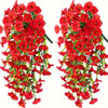 Two sets of artificial red morning glory flowers with green eucalyptus leaves hanging decor