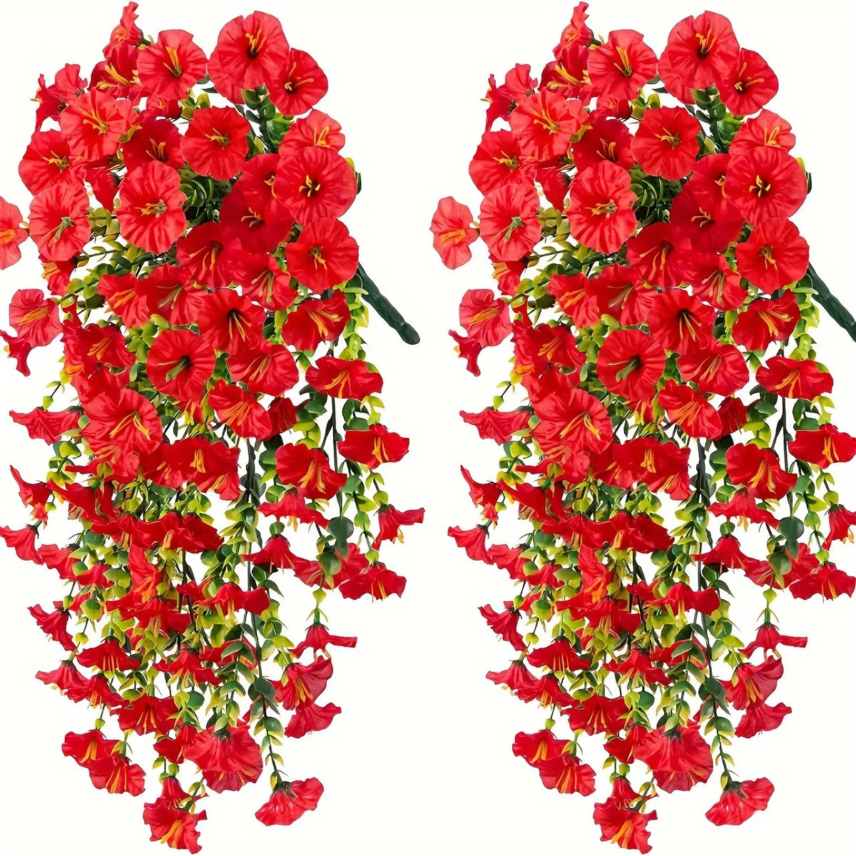 Two sets of artificial red morning glory flowers with green eucalyptus leaves hanging decor