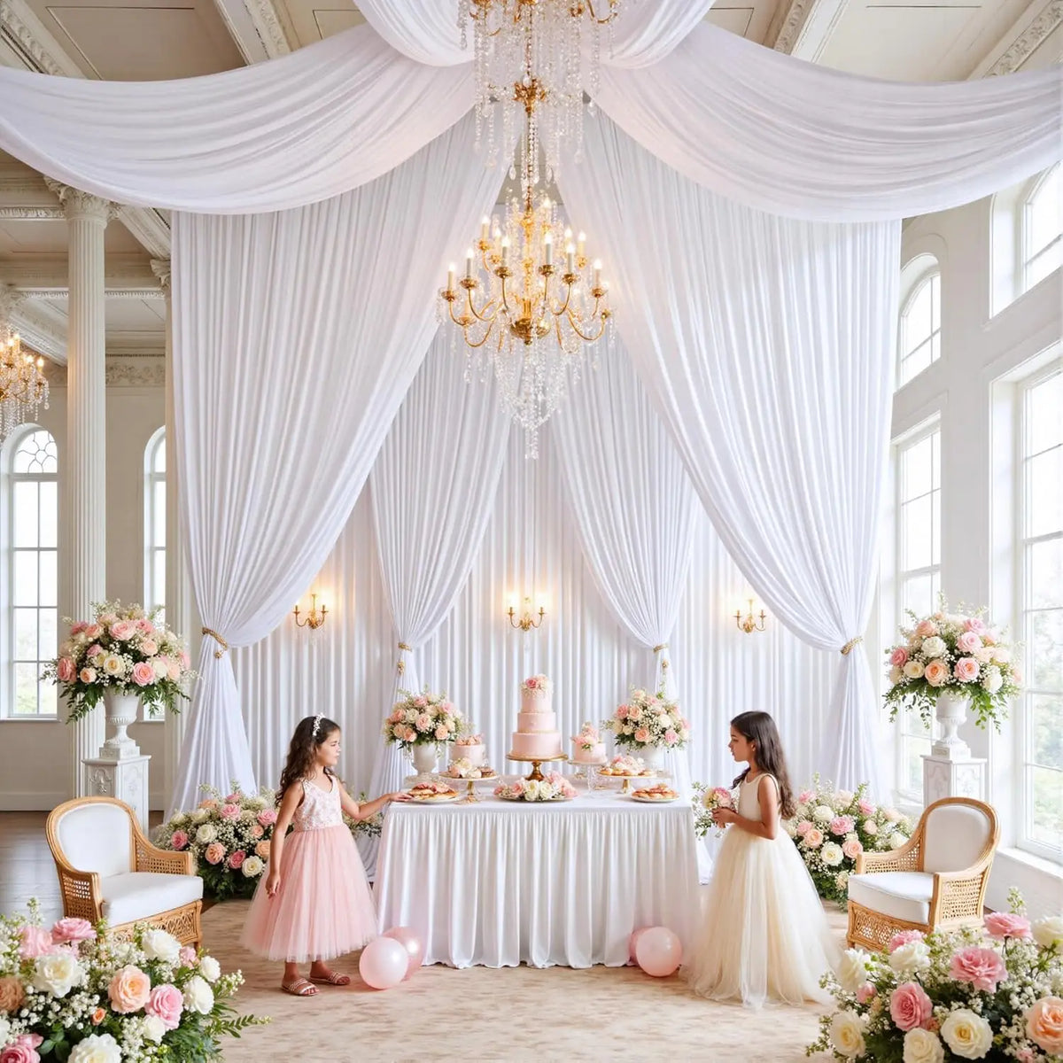 A wedding or event setup featuring white draped fabric curtains and a floral centerpiece on a table.