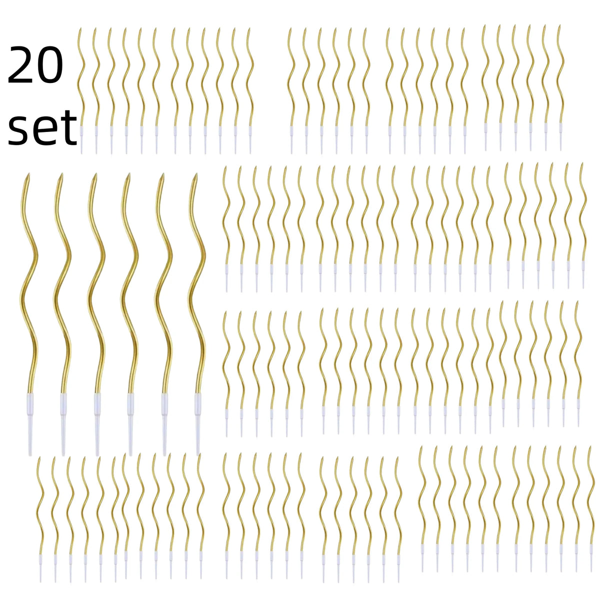 A set of 20 spiral birthday cake candles with star toppers.