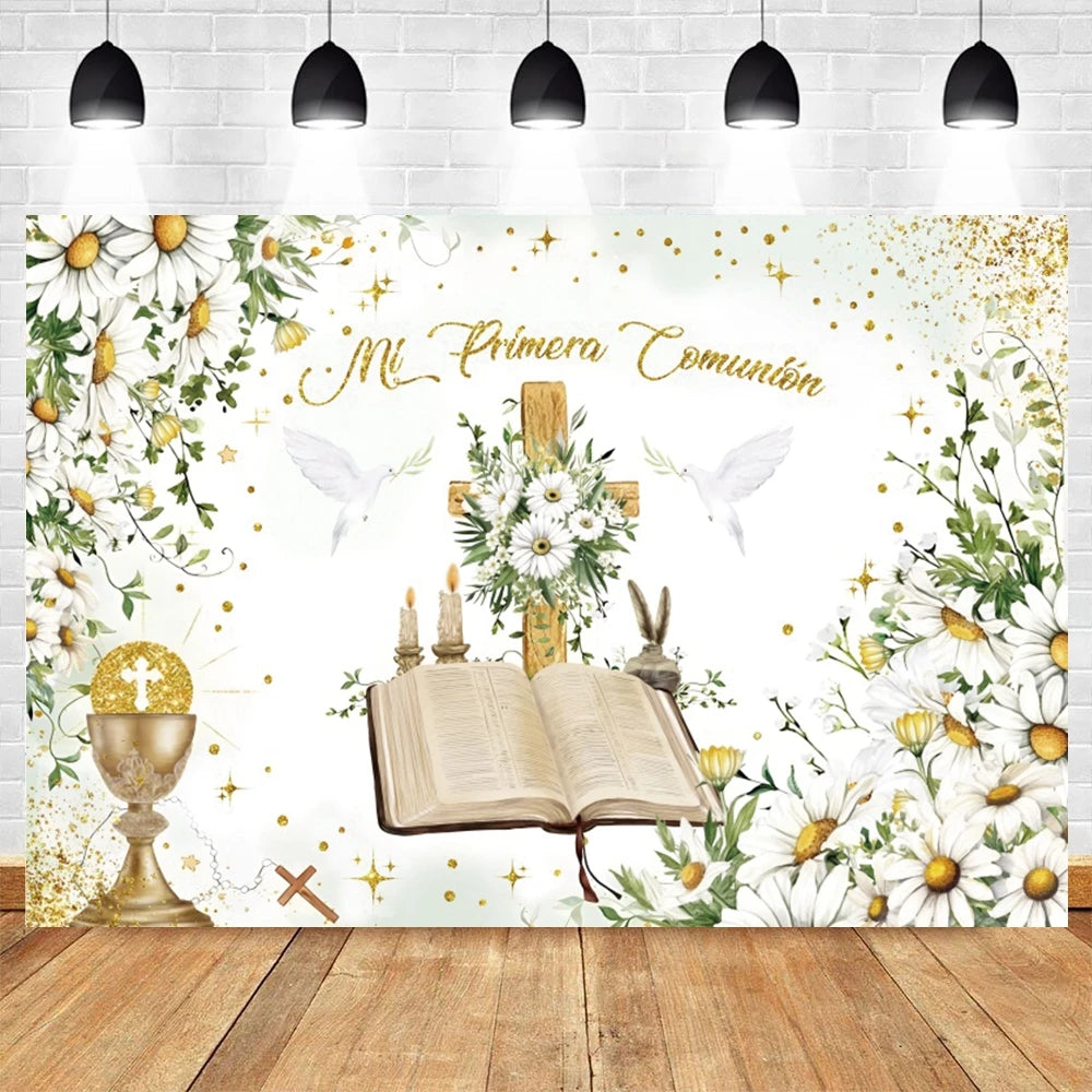 A white backdrop featuring floral and golden accents for a First Communion celebration with a Bible and doves.