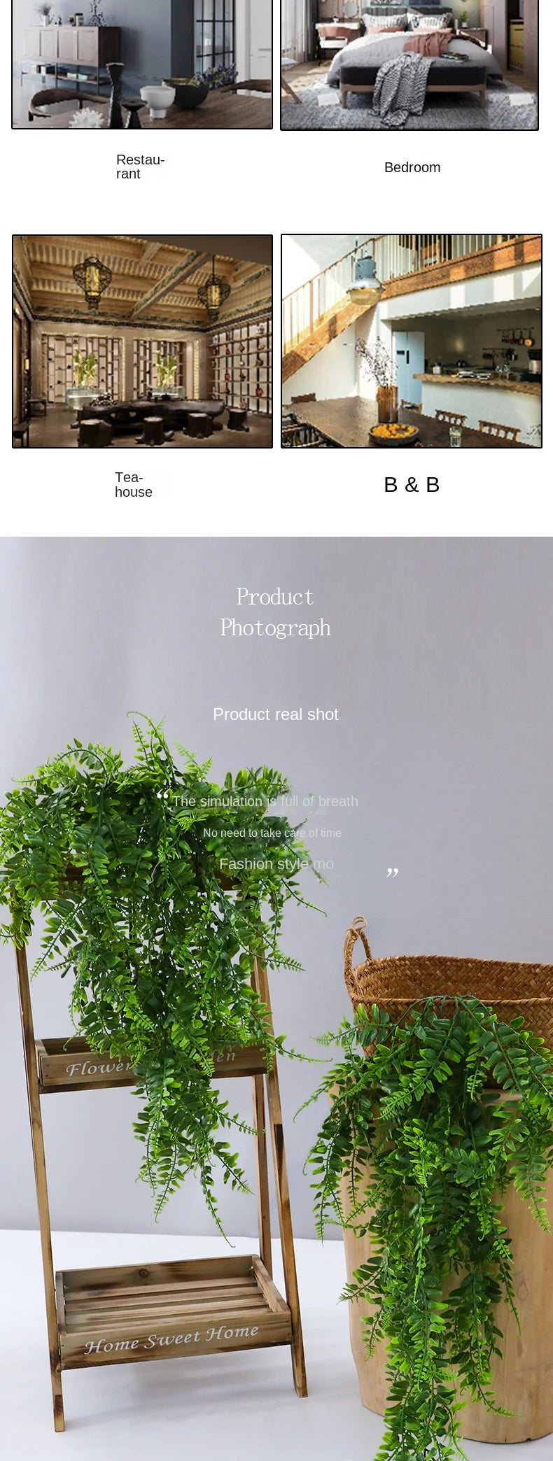 A long green artificial ivy vine garland draped over a wooden plant stand.