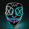 A glow-in-the-dark LED purge mask featuring glowing white and cyan lines forming an X shape and a wide, grinning mouth.