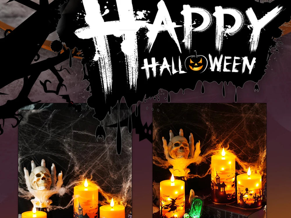 A Halloween decor image featuring glowing pillar candles and skeletal figures against a dark background.