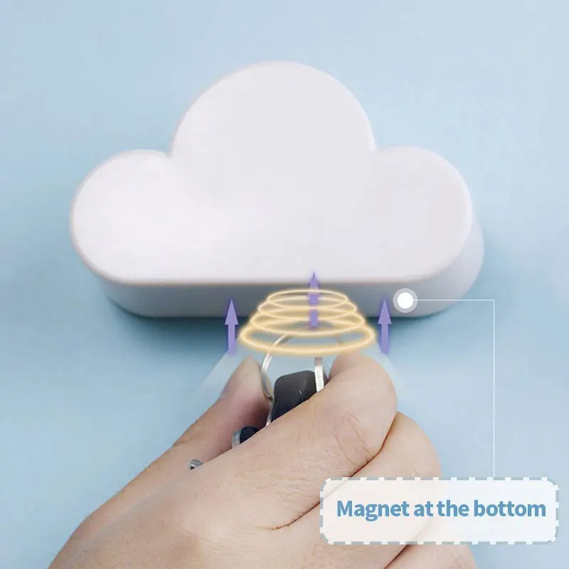 A hand is placing a magnetic cloud key hanger onto a surface, demonstrating its use.