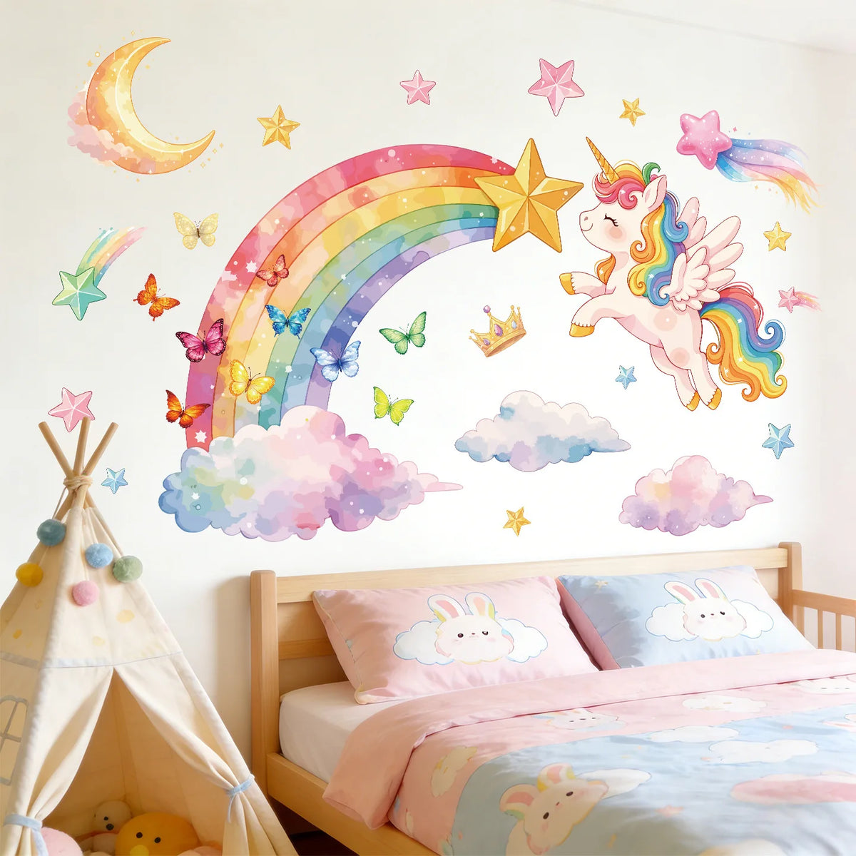 A bedroom wall decorated with a rainbow and unicorn decals, featuring pastel colors and clouds.