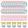 A set of colorful disposable paper plates, cups, and napkins featuring rainbows and clouds for parties.