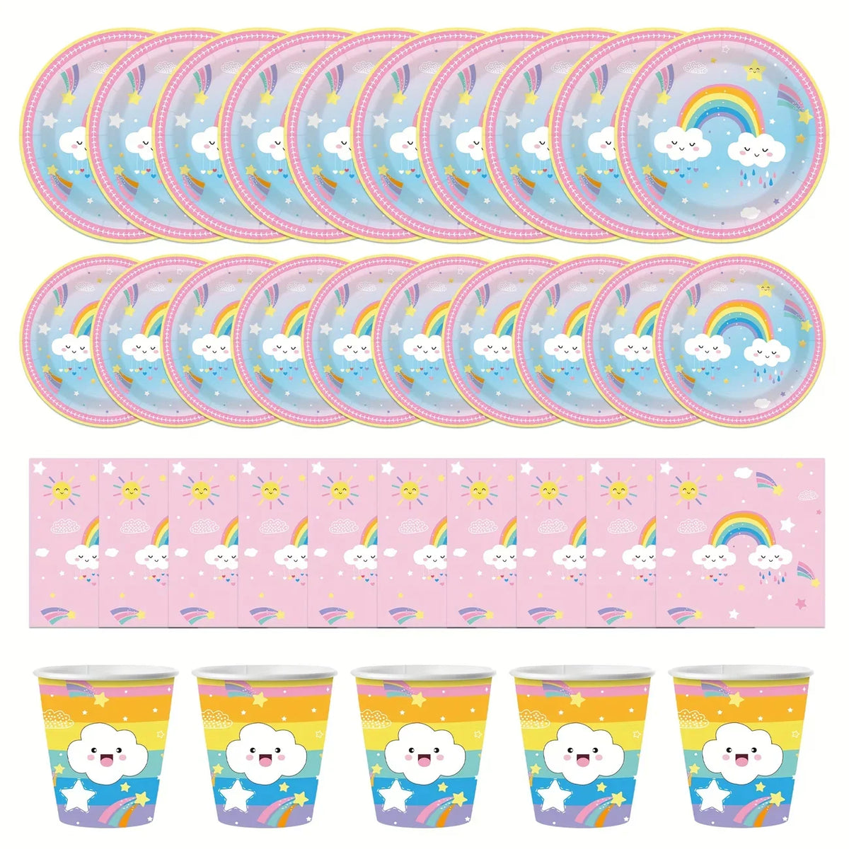 A set of colorful disposable paper plates, cups, and napkins featuring rainbows and clouds for parties.
