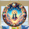 A circular acrylic suncatcher featuring a figure of Mary surrounded by clouds and celestial elements.