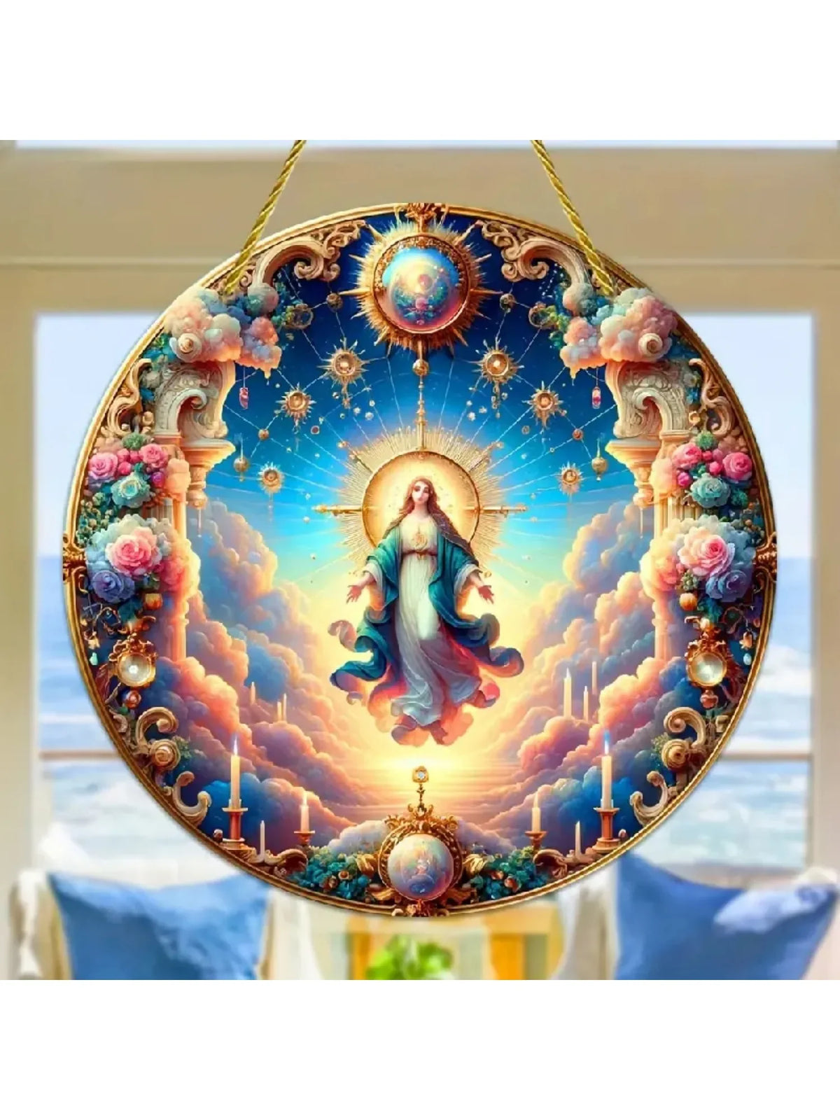 A circular acrylic suncatcher featuring a figure of Mary surrounded by clouds and celestial elements.