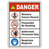 A warning sign with a yellow triangle and red text indicating danger, flammable hazard, no smoking, authorized personnel only
