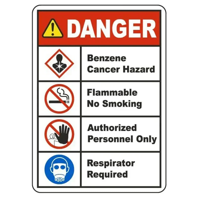 A warning sign with a yellow triangle and red text indicating danger, flammable hazard, no smoking, authorized personnel only