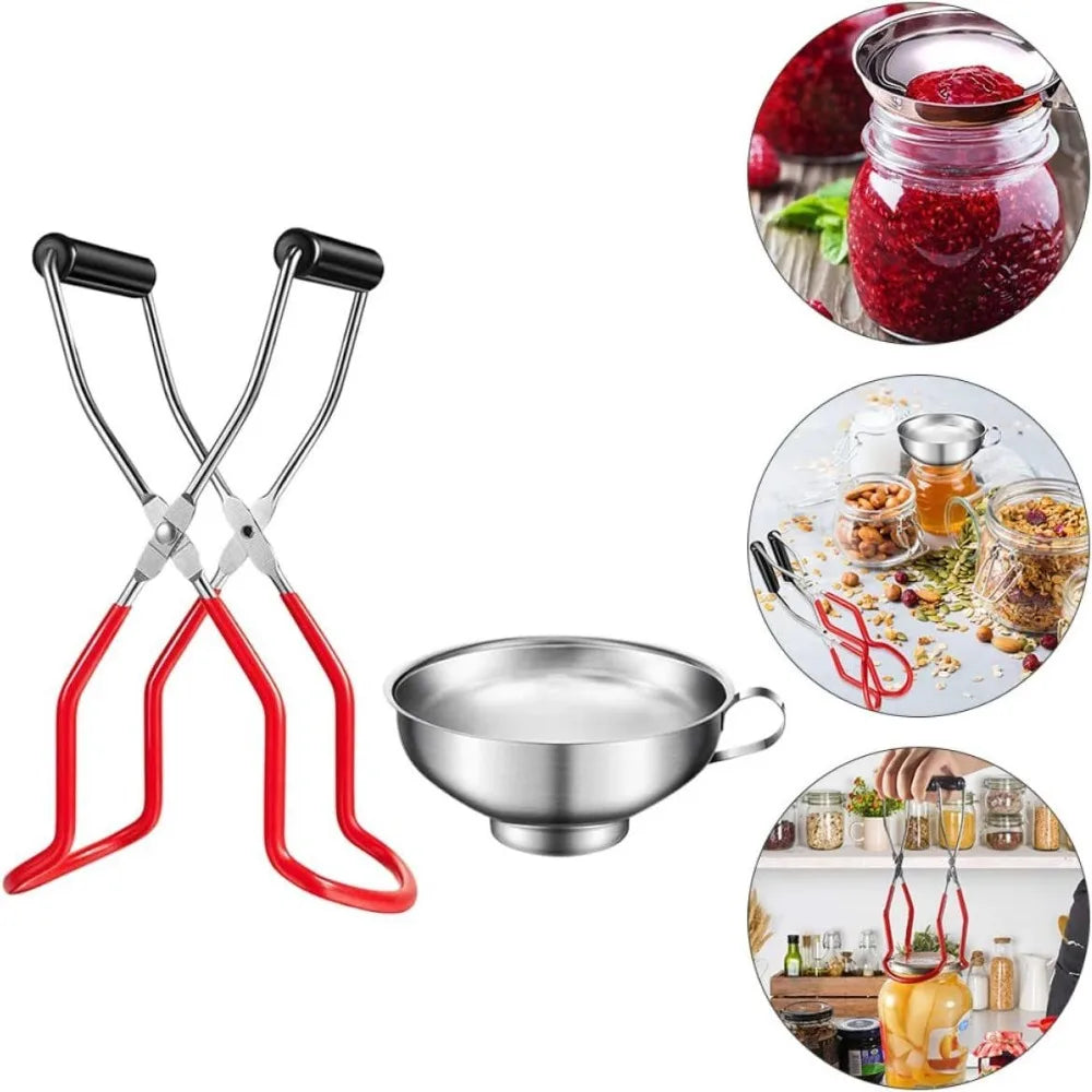 Stainless steel canning jar lifter with non-slip grip shown next to a jar of berries and a metal bowl.