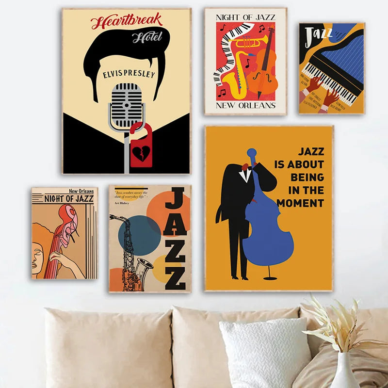 A collection of abstract music canvas wall art featuring silhouettes of a guitar, cello, and piano against colorful backgroun