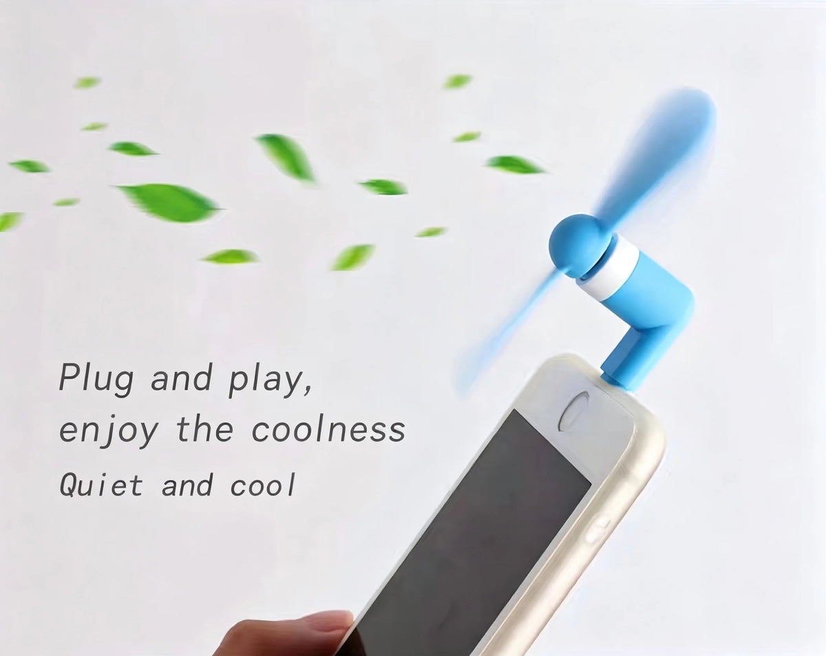 A hand holds a portable USB-C mini fan with blue blades, demonstrating its quiet and cool function.