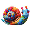 A vibrant, colorful metal snail sculpture with a spiral shell and expressive eyes.