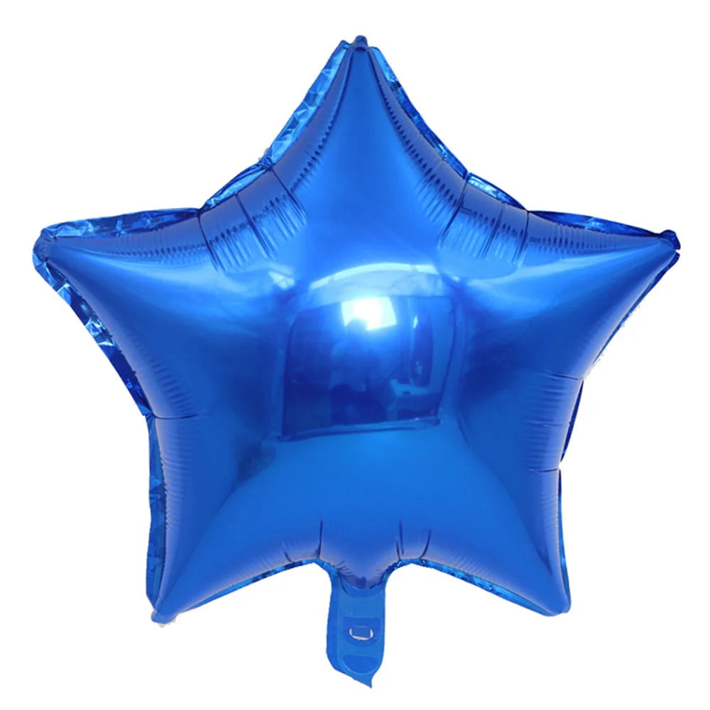 A bright blue foil star and heart balloon assortment.