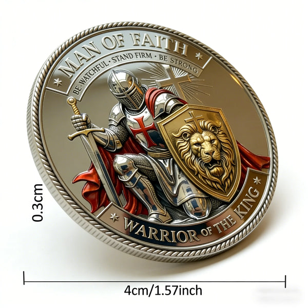 A silver coin featuring a 3D carved lion warrior design with text surrounding the image.