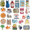 A collection of watercolor food and fruit stickers featuring various items like citrus fruits, fish, vegetables, and other ed