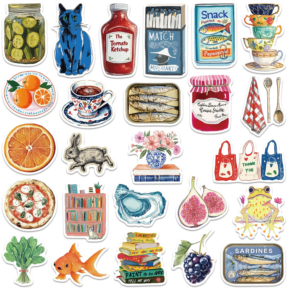 A collection of watercolor food and fruit stickers featuring various items like citrus fruits, fish, vegetables, and other ed