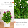 Artificial bonsai tree with vibrant green leaves and purple flowers in a white pot